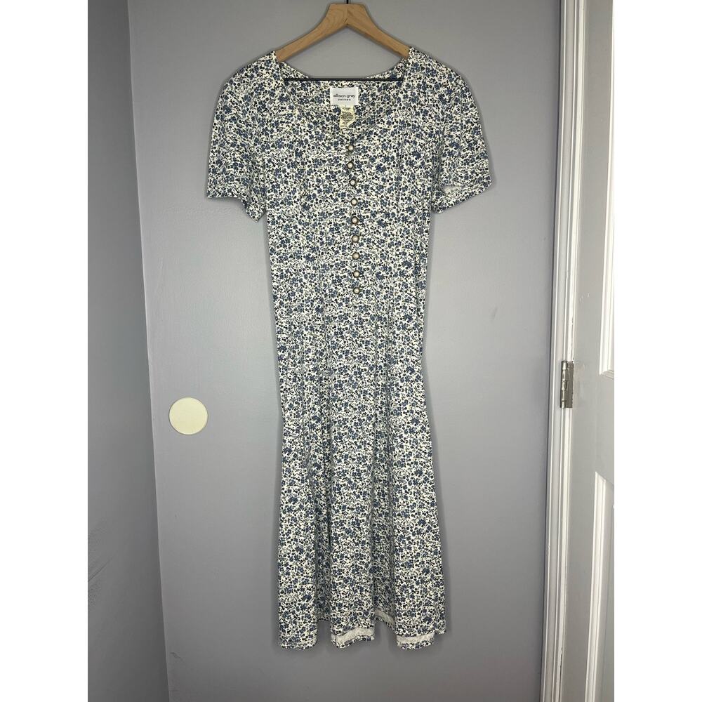 Vintage Allison Gray White and Blue Floral Fit & Flare Dress with Shoulder Pads